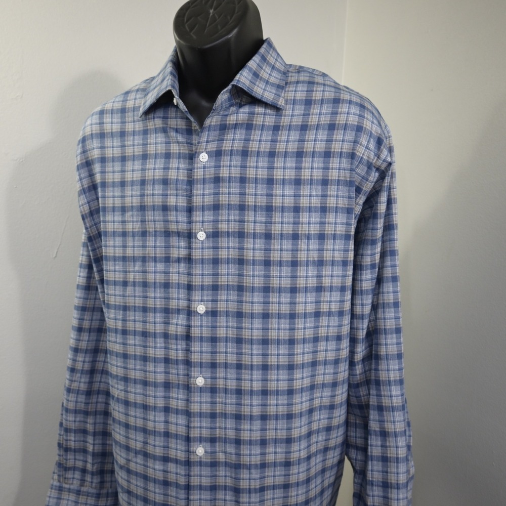 Peter Millar Button Up Dress Shirt Mens XXL Blue Gray Plaid Viscose MF25W62LTS